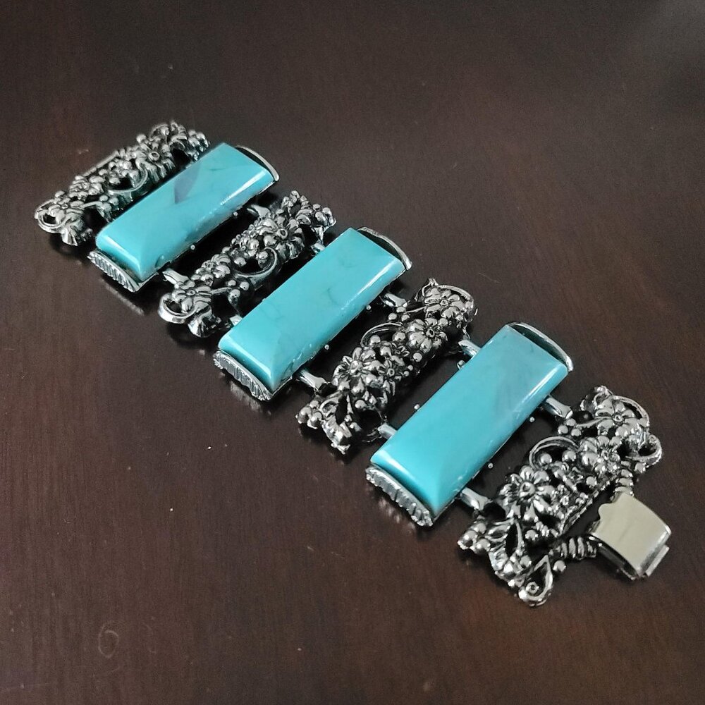 Wide Silver Tone Floral and Faux Turquoise Thermoset Panel Bracelet Statement Je